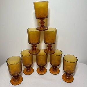 Vintage Ravenhead Siesta Amber Textured Wine Goblets Glasses Pedestal